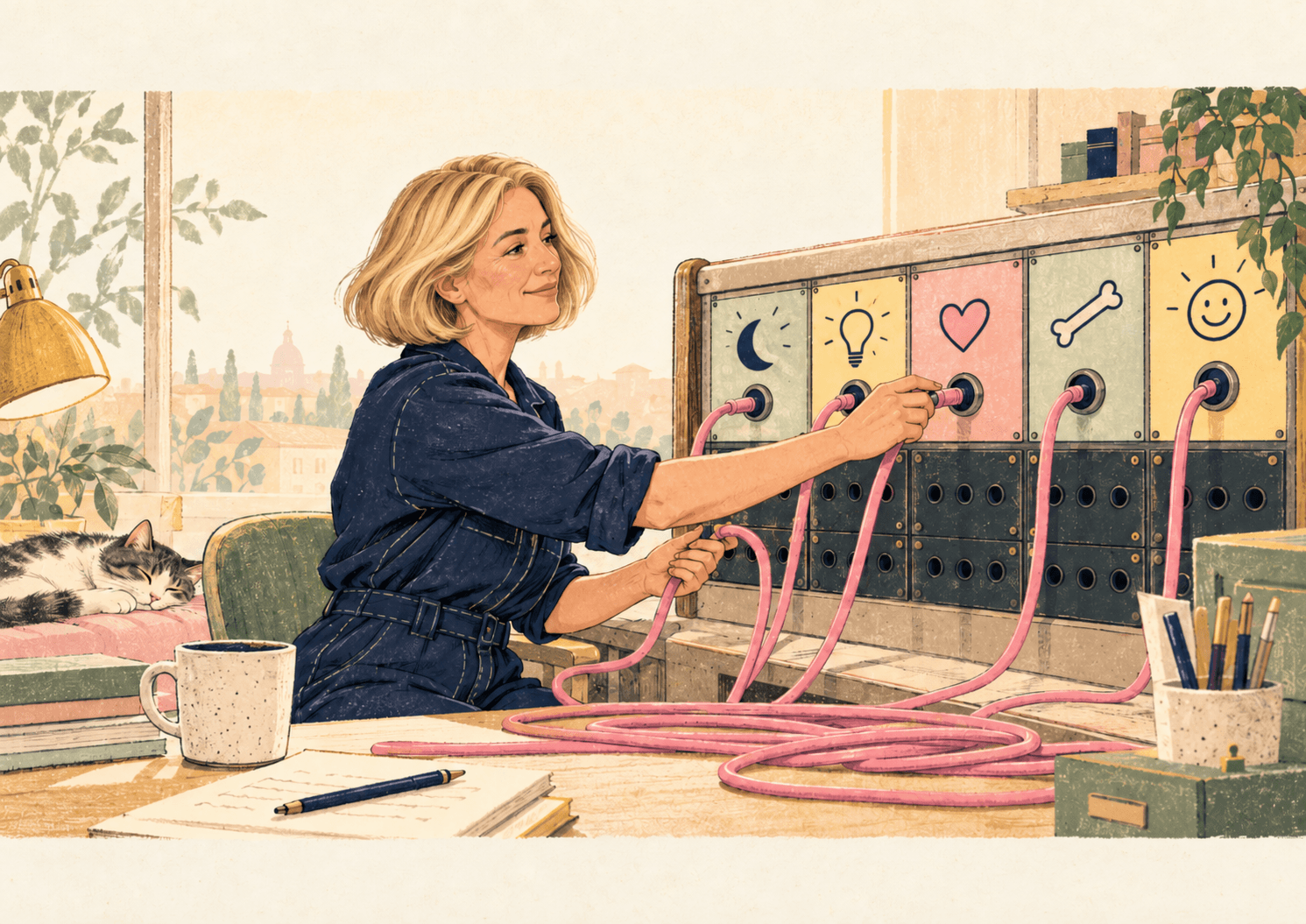 Illustration of a woman connecting cables at a switchboard, for an article on what oestrogen does in the body