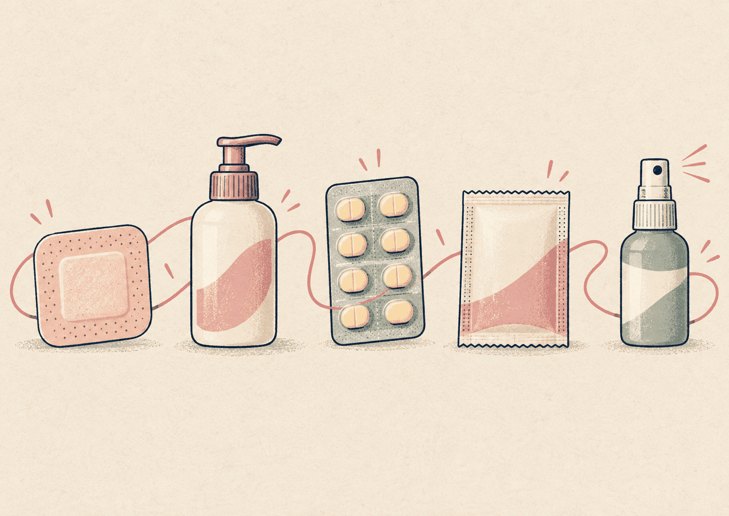Illustration of a patch, gel pump, tablets, sachet and spray, showing the types of HRT