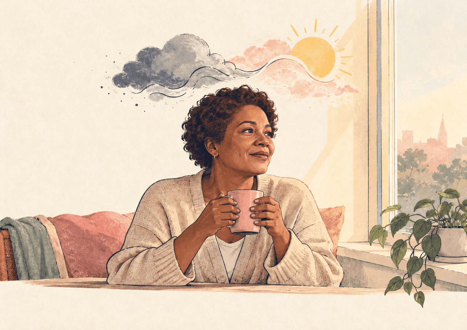 Illustration of a woman by a window with a cloud turning to sun, for an article on mood changes in perimenopause