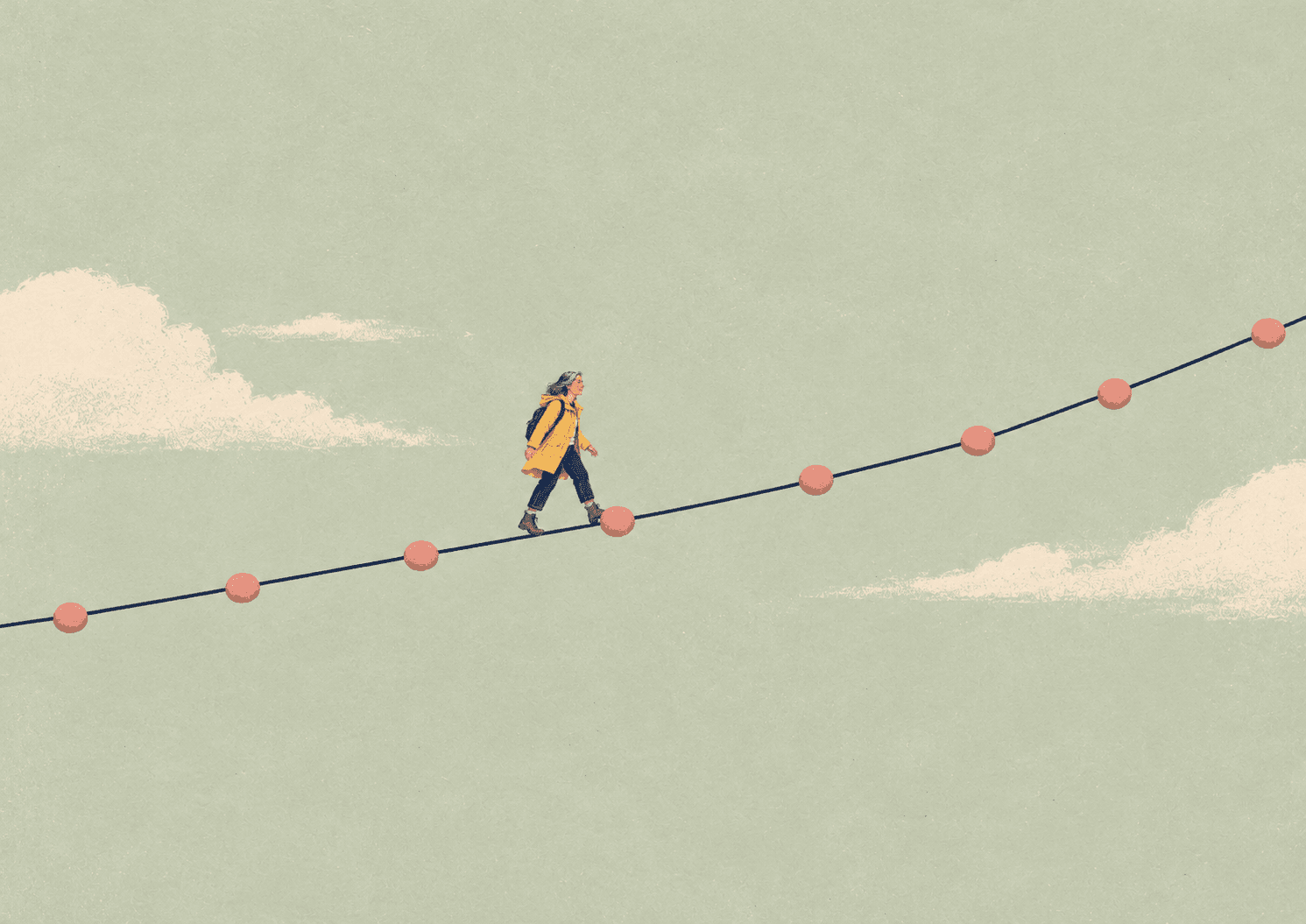 Illustration of a line graph with a small figure walking along it, for an article on testing early and tracking over time
