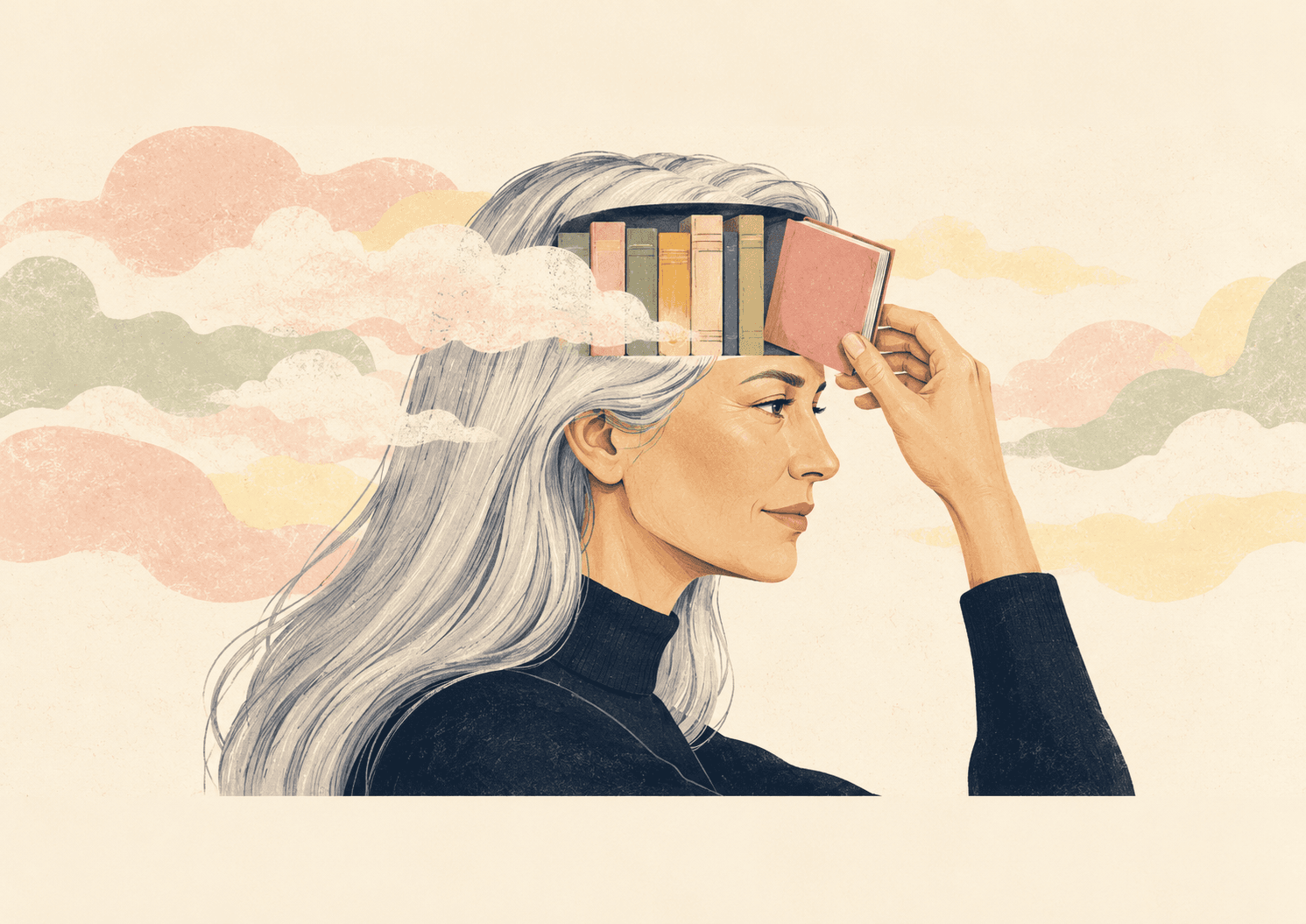 Illustration of a woman's head with a bookshelf behind a cloud, for an article on brain fog in menopause