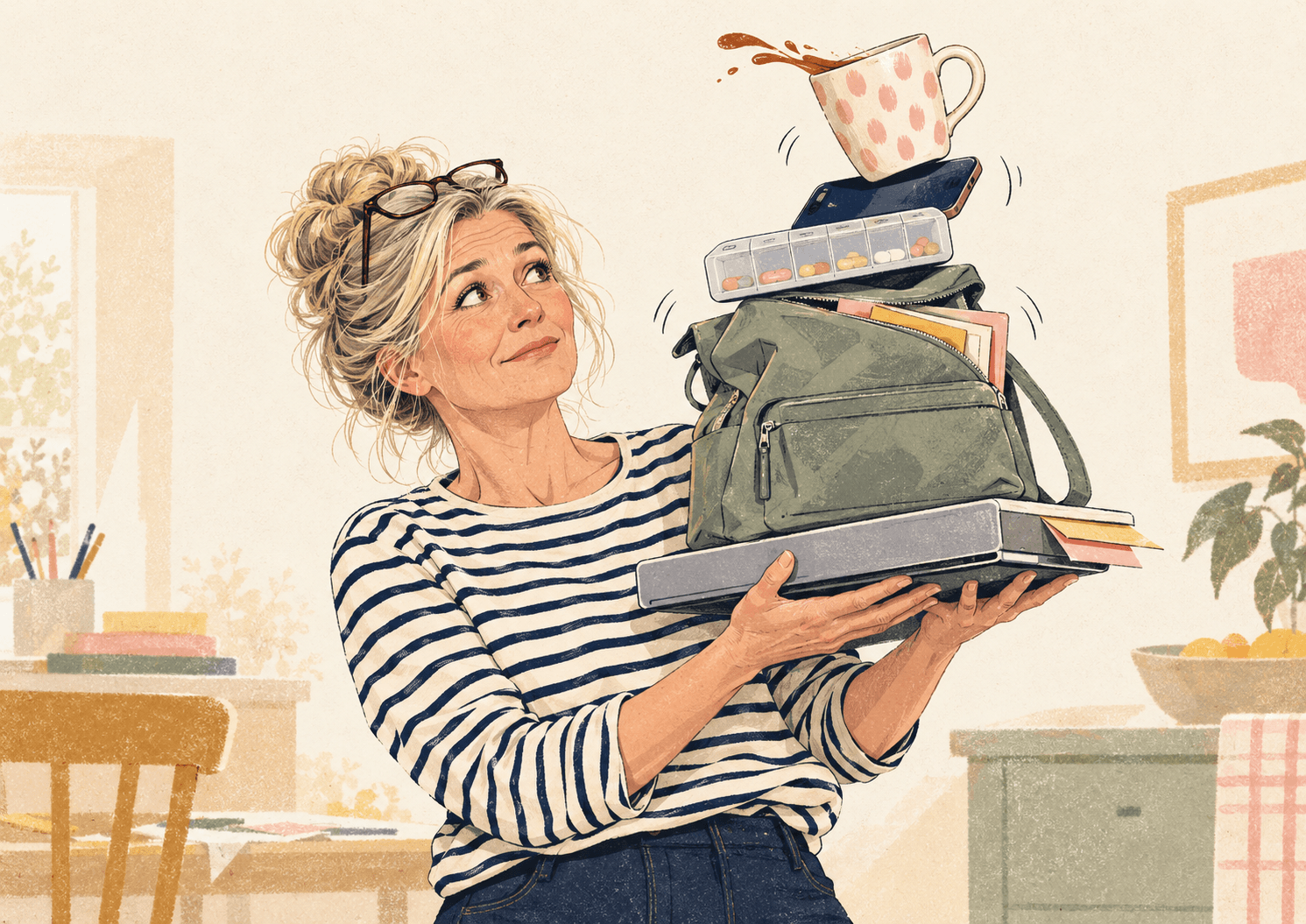 Illustration of a woman balancing a tower of everyday things, for an article on stress, cortisol and menopause