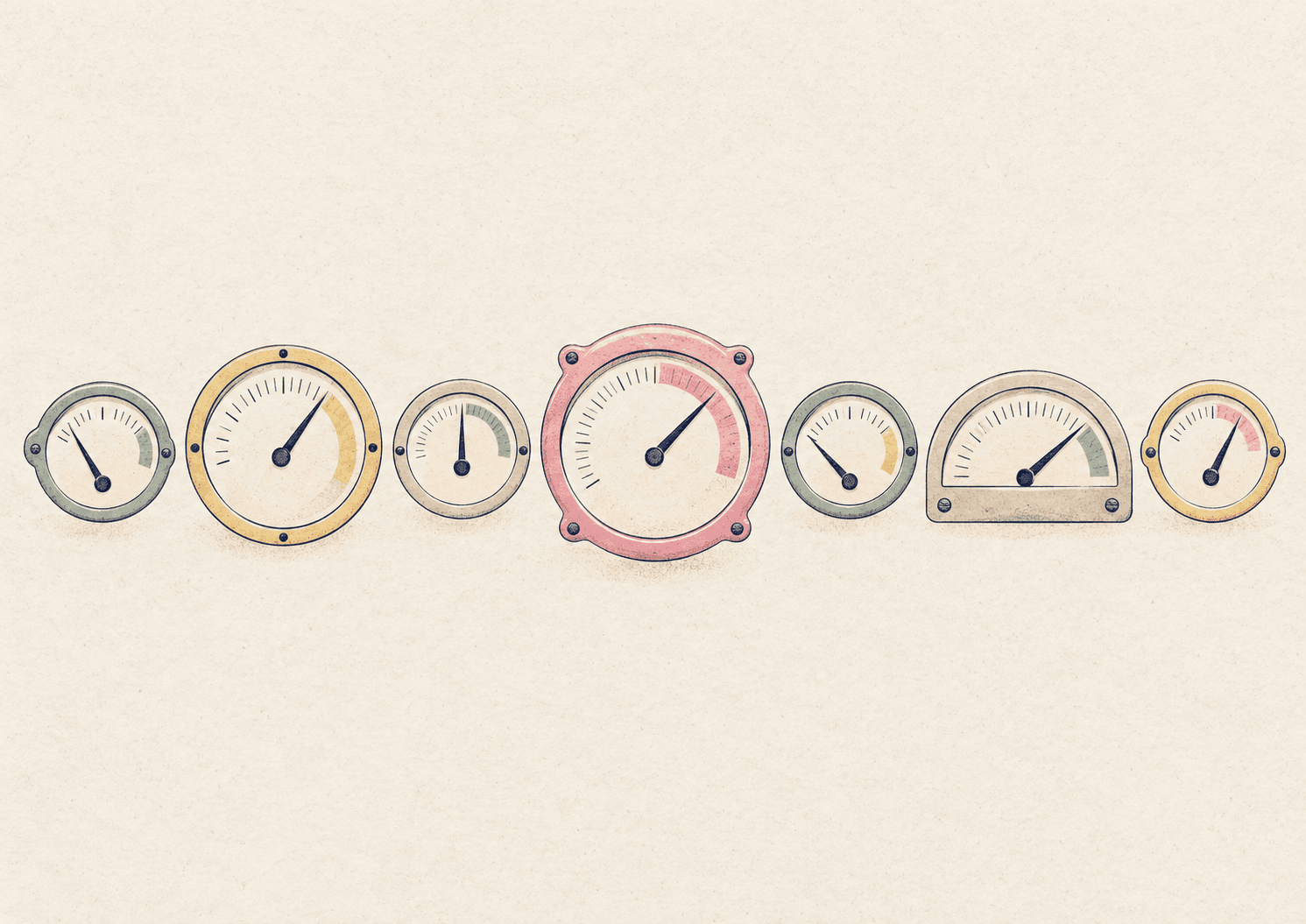 Illustration of a row of dials with pointers at different positions, for a guide to what biomarkers are