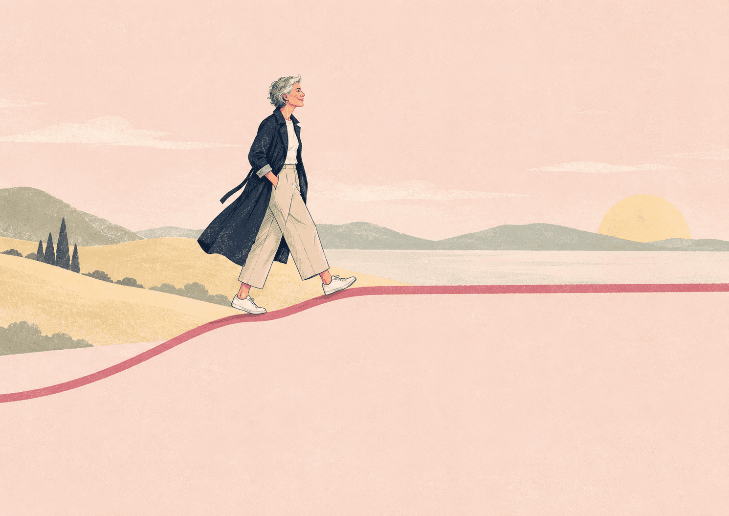 Illustration of a woman walking a line graph that settles into a plateau, for a guide to what menopause is