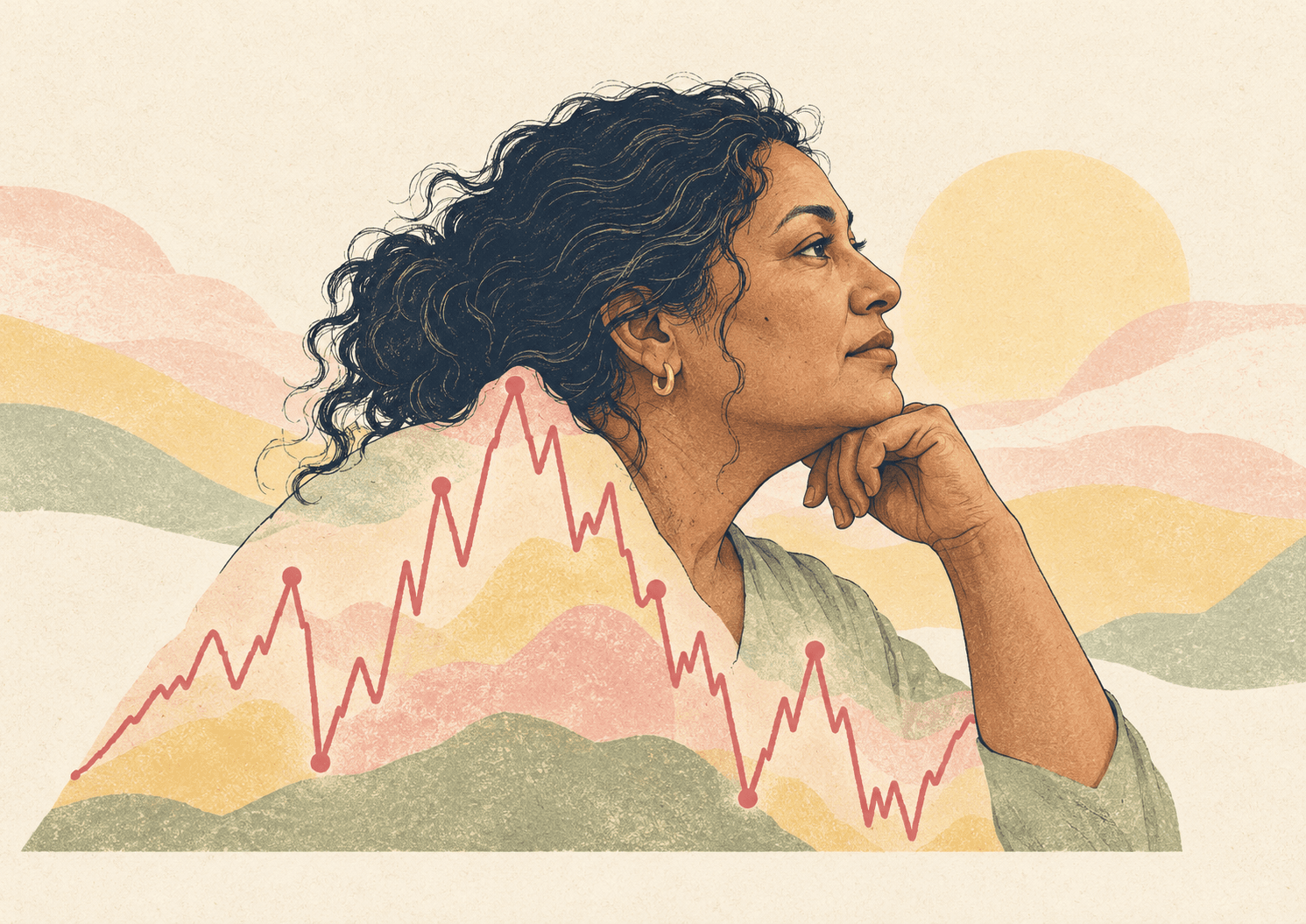 Illustration of a woman in profile filled with a zigzagging line graph, for a guide to what perimenopause is