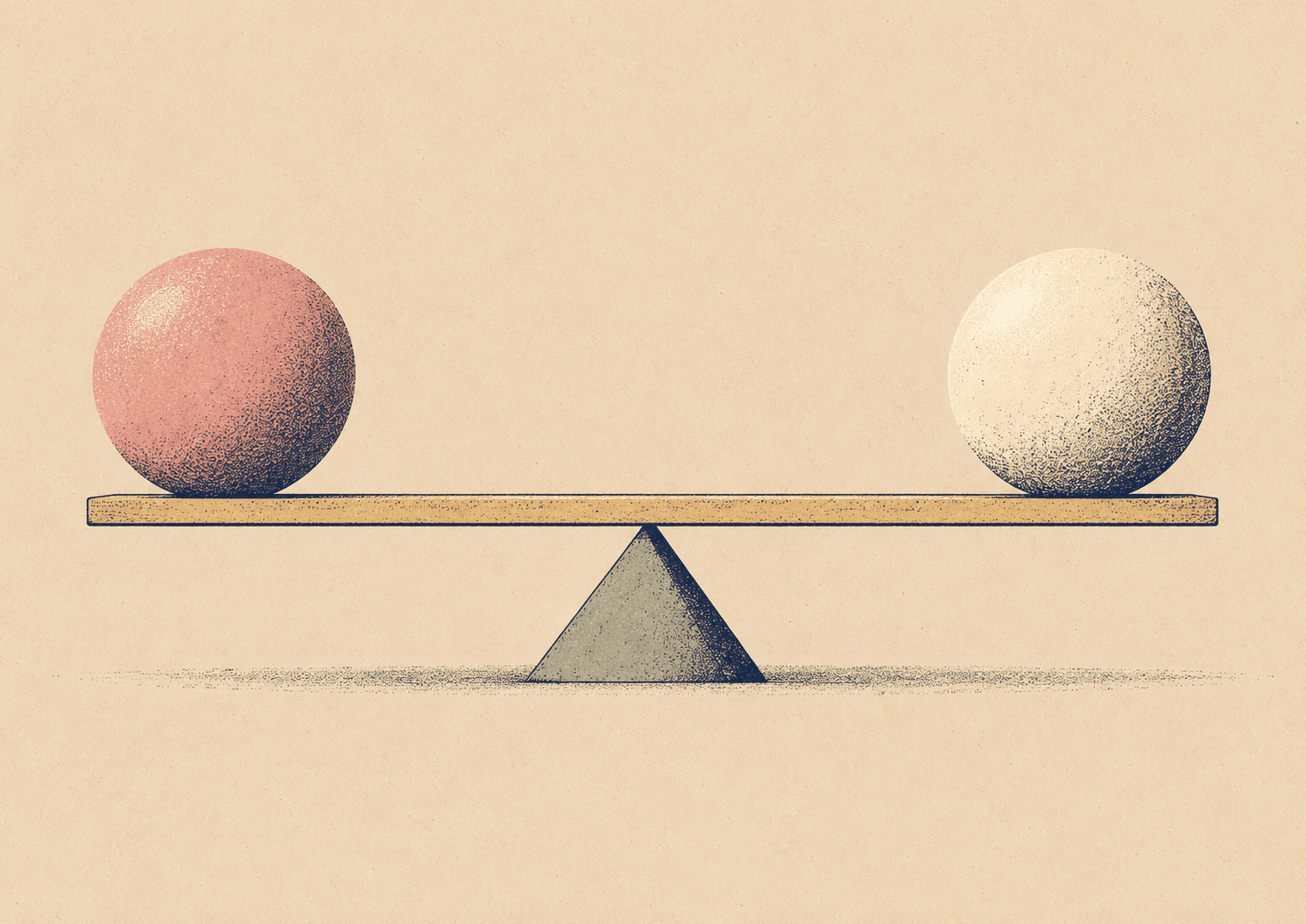 Illustration of a level seesaw with two spheres, for a balanced guide to what HRT is