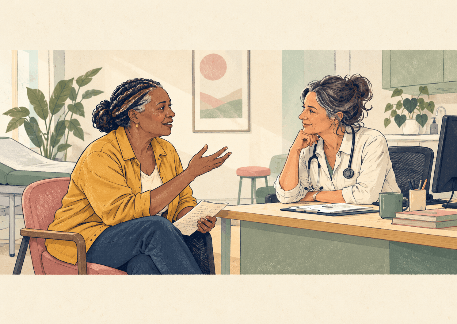 Illustration of a woman talking with her GP, for a guide to talking to your GP about menopause