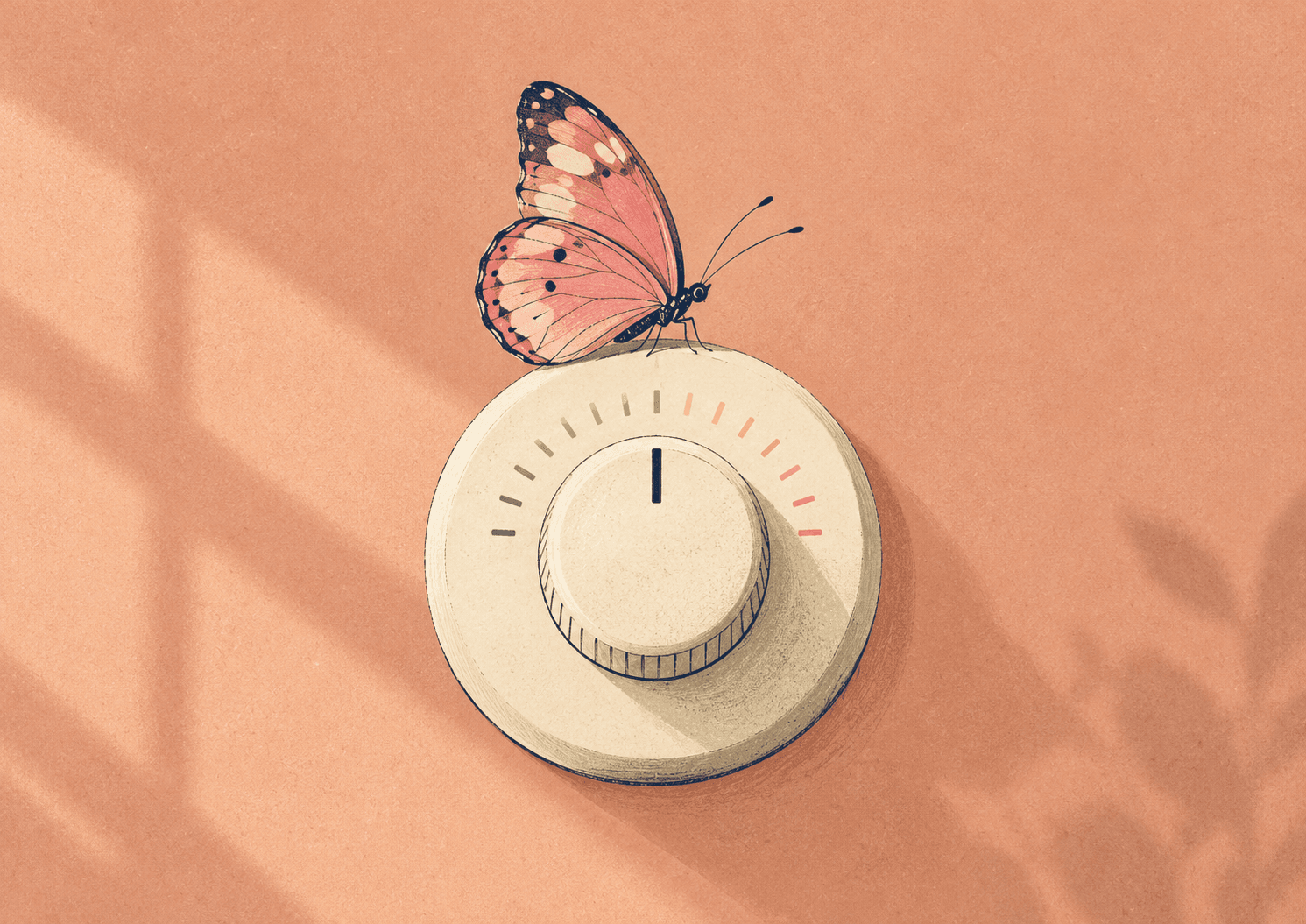 Illustration of a butterfly on a thermostat dial, for an article on thyroid and menopause symptoms