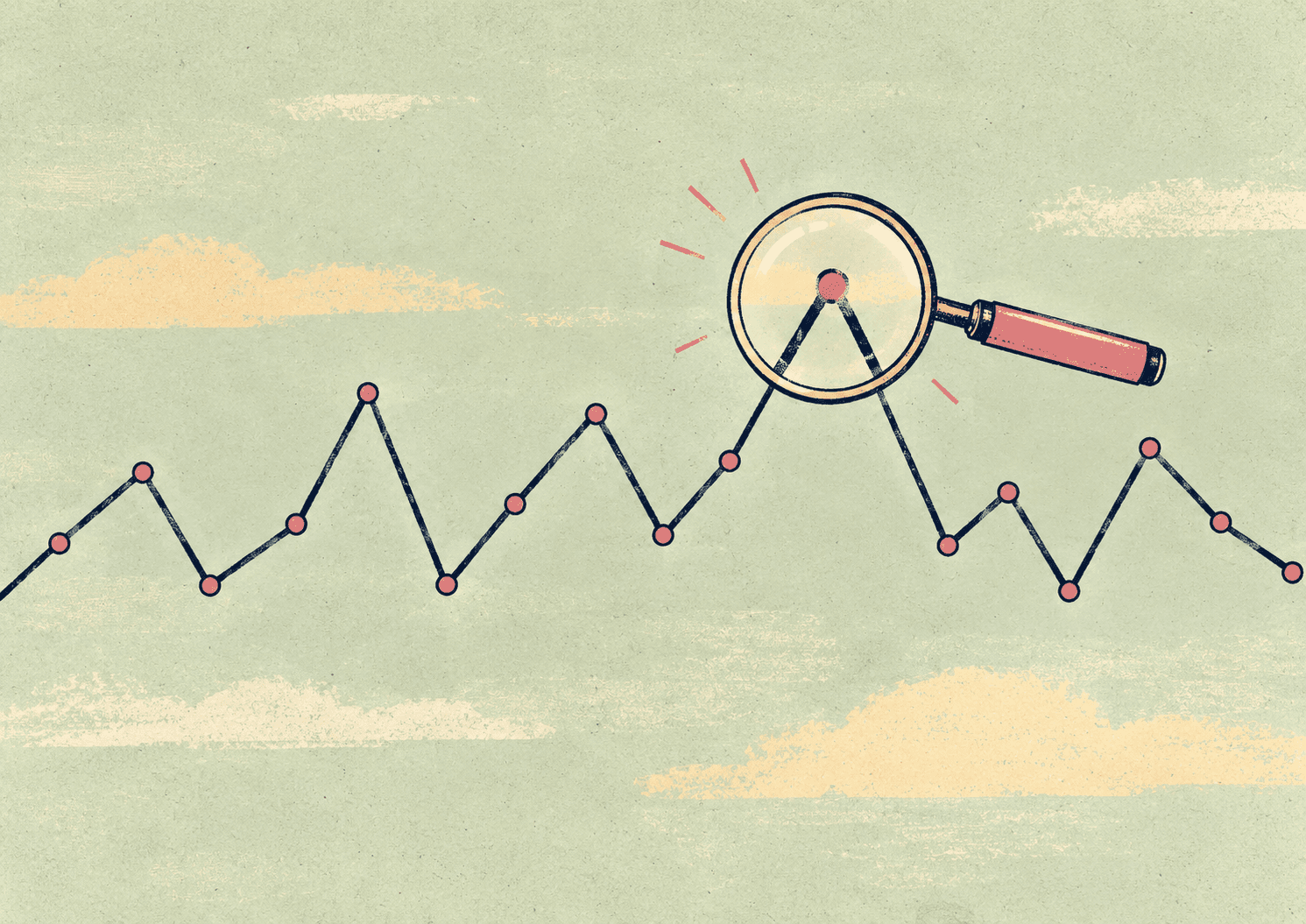 Illustration of a zigzag graph with a lens over one peak, for an article on FSH and LH tests